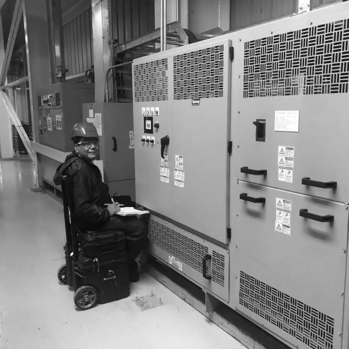 Rectifier cabinets installed on a plant floor, with their control panel