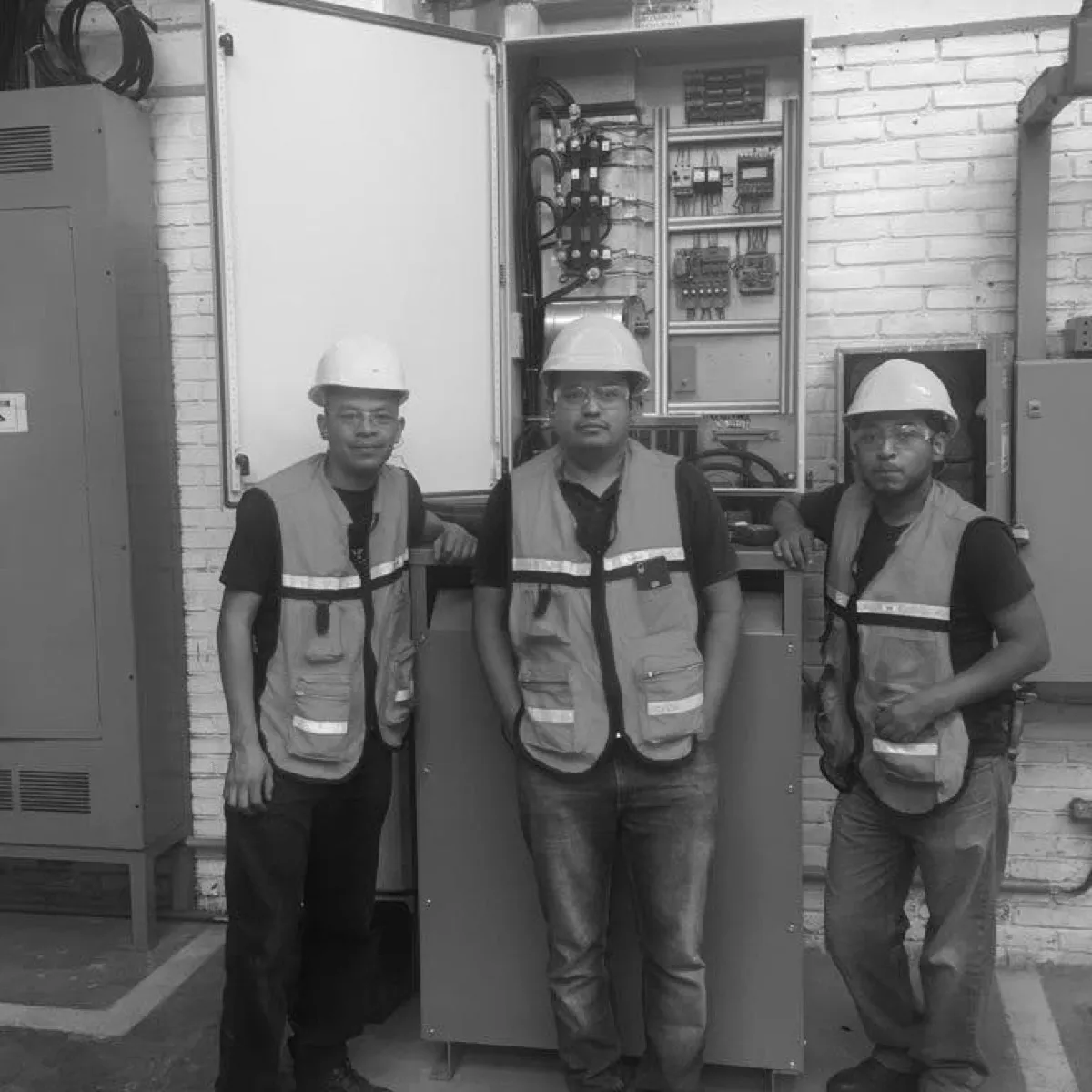 Meyse staff in front of an open control cabinet during an on-site installation