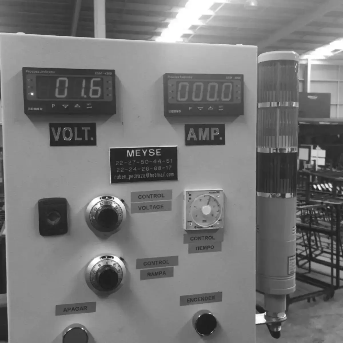 Control panel of a Meyse unit: digital voltage and current displays, voltage and ramp control knobs, timer and signal tower.