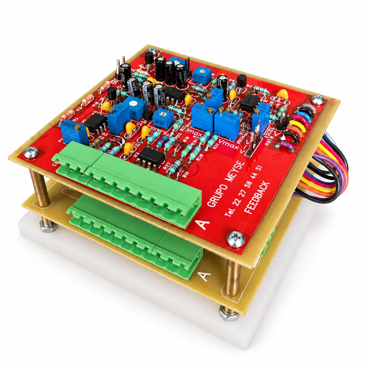 Technical drawing of an in-house control board: trace layout, heatsink, capacitors, integrated circuits and terminal block.